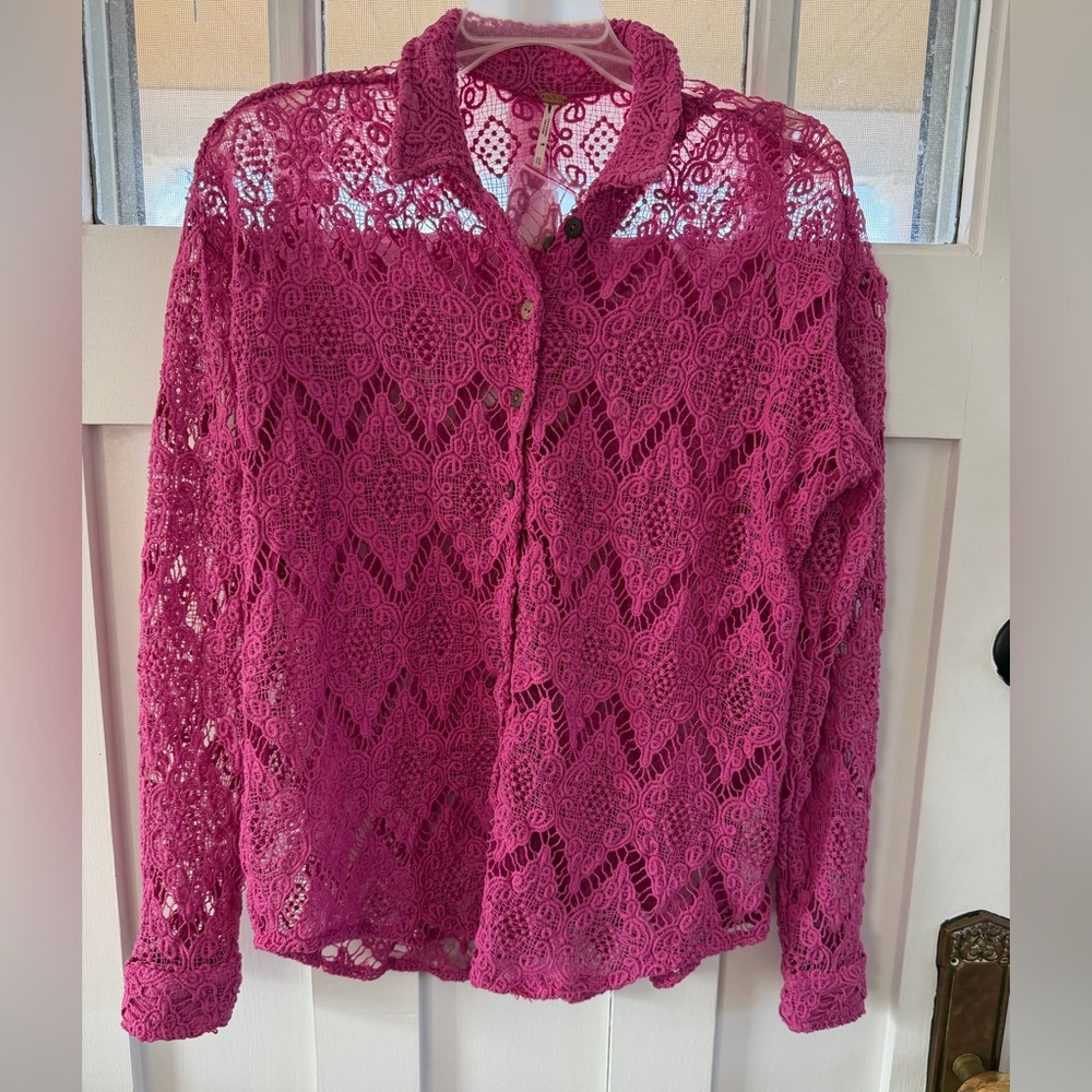 Free People Raspberry Crochet Lace Button-Front Blouse - Picture 2 of 3